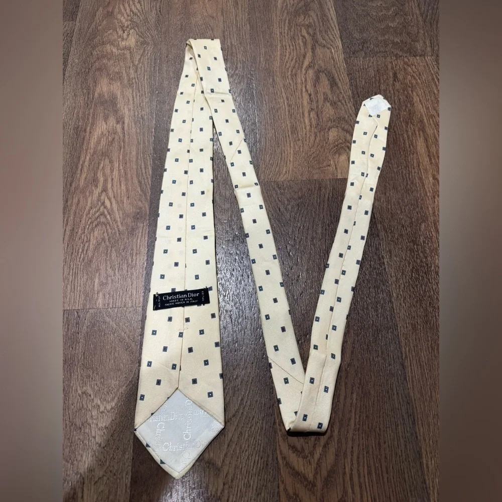 Christian Dior Tie 100% Silk Made in USA Cream Square Pattern